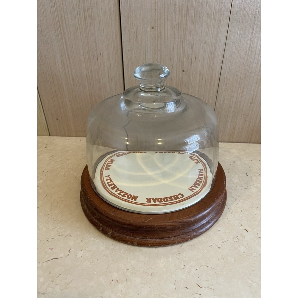 Vintage Cheese Dome w/Wooden Base & Ceramic Insert Swiss Charcuterie Cloche